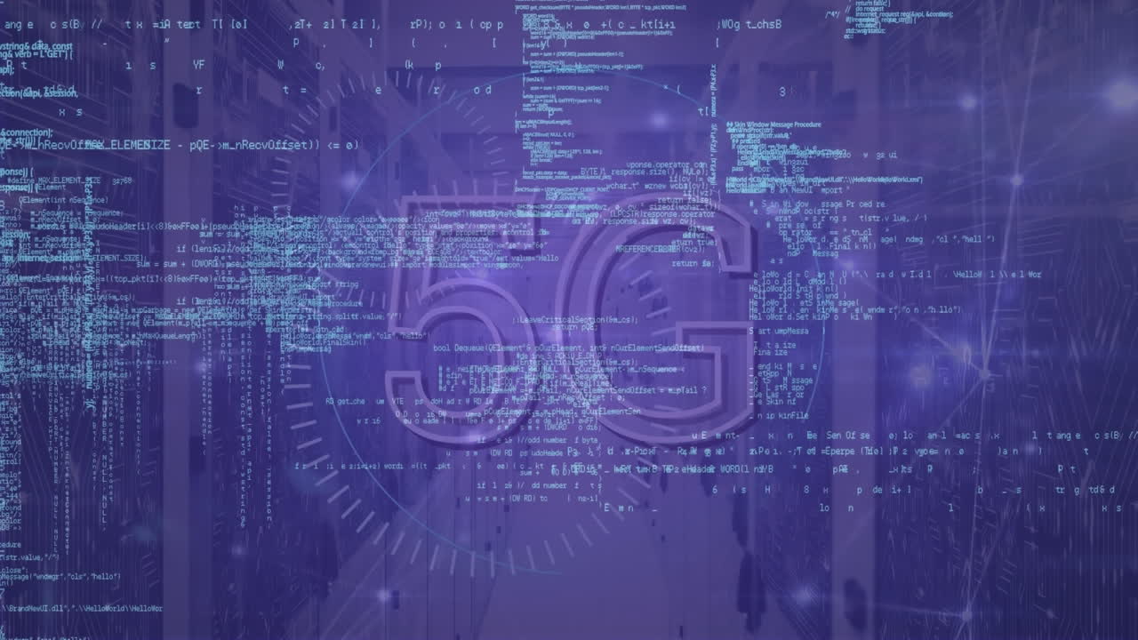 animazione della scansione dello scope con elaborazione di testo e dati 5g sulla sala server