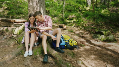 Una-Joven-Pareja-De-Turistas-Descansa-Bajo-Un-árbol.