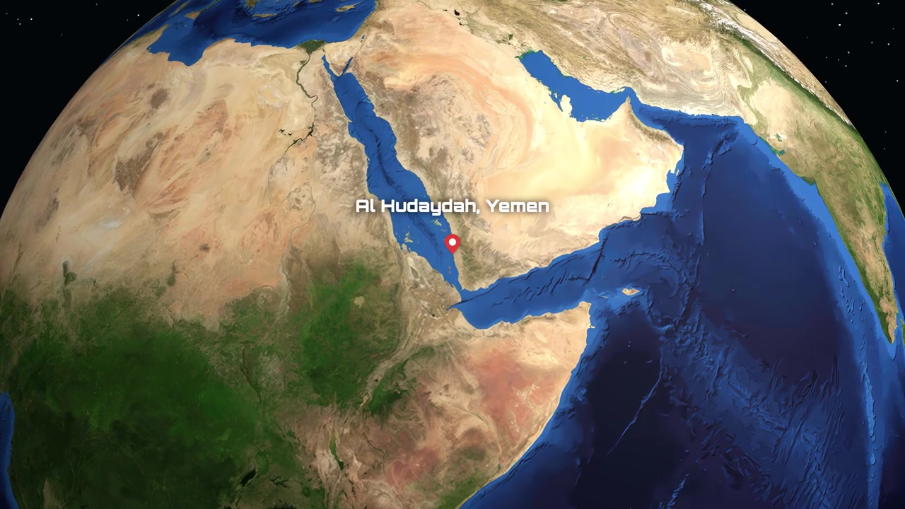 3D rotace Země a přiblížení na Al Hudaydah, Jemen