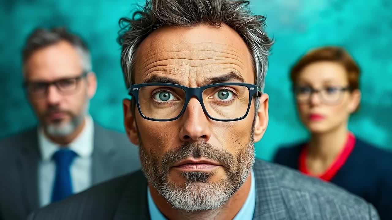 un hombre con un traje y gafas de pie frente a un grupo de personas