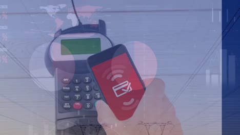 animación del procesamiento de datos sobre el pago a mano con teléfono inteligente
