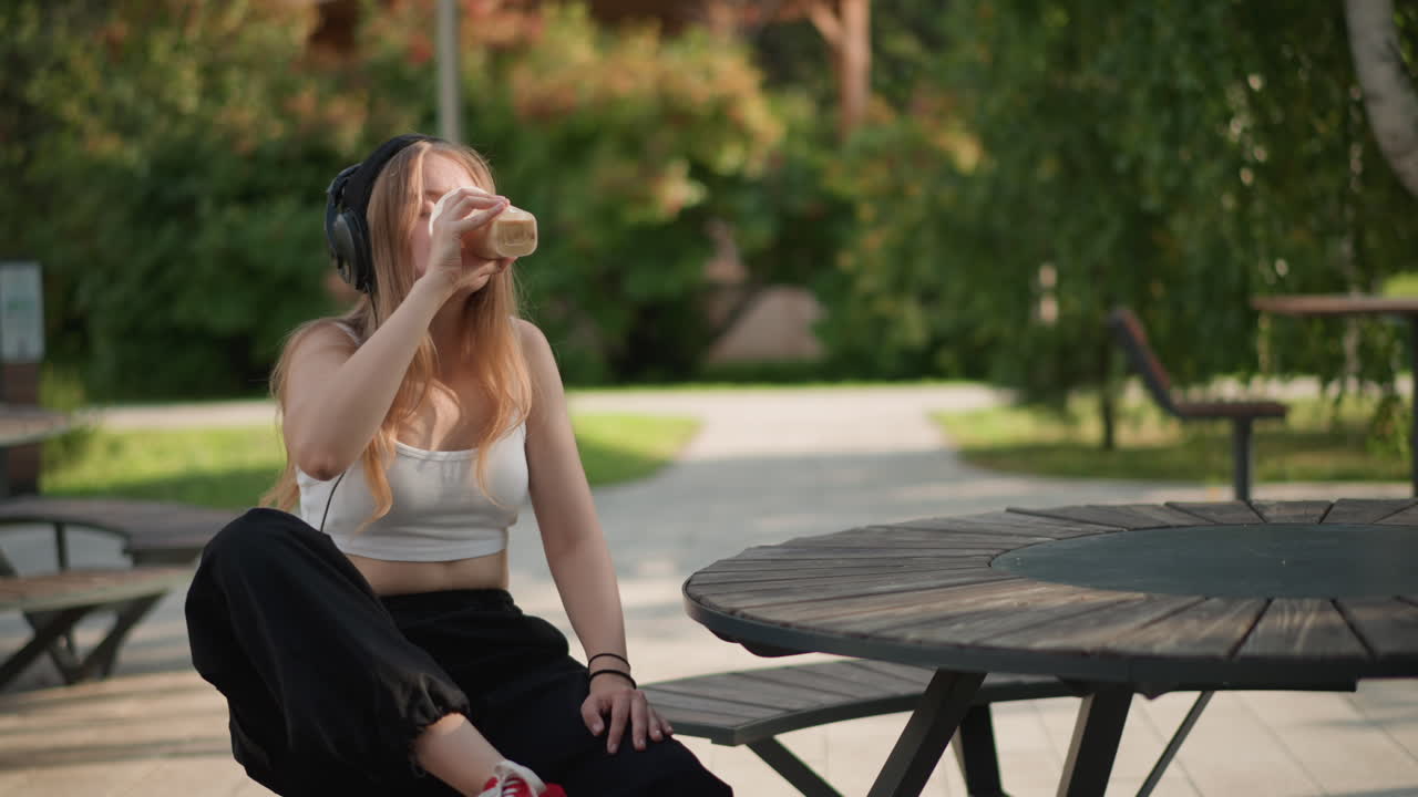 Ung kvinde, der drikker iskaffe, mens hun har høretelefoner på ved et udendørs picnicbord i en grøn park, afslappet kropsholdning, varmt sollys i ansigtet, afslappet tøj, eftertænksomt blik, studerende holder pause, urban