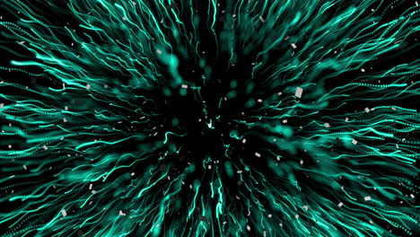 animation of white particles over green light trails bursting against black background