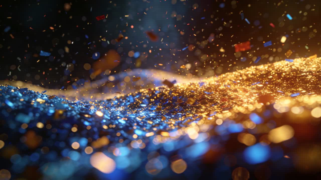 Particelle riflettenti che brillano e fluttuano in studio con coriandoli, reagendo alla luce calda di destra.