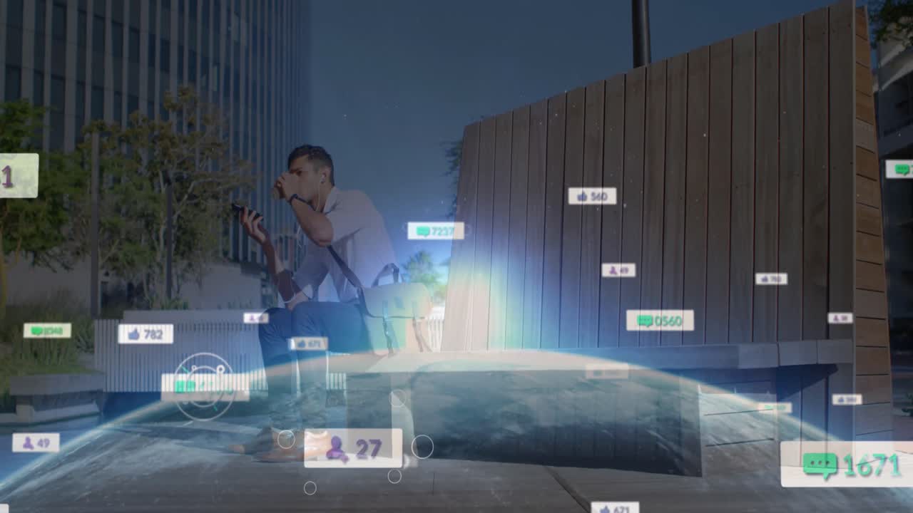 animación de iconos de redes sociales sobre el hombre usando teléfono inteligente y globo