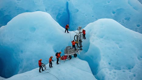 team of researchers using advanced equipment to study glacial ice formations in a stunning blue ice landscape, capturing the beauty and grandeur of nature's frozen artistry