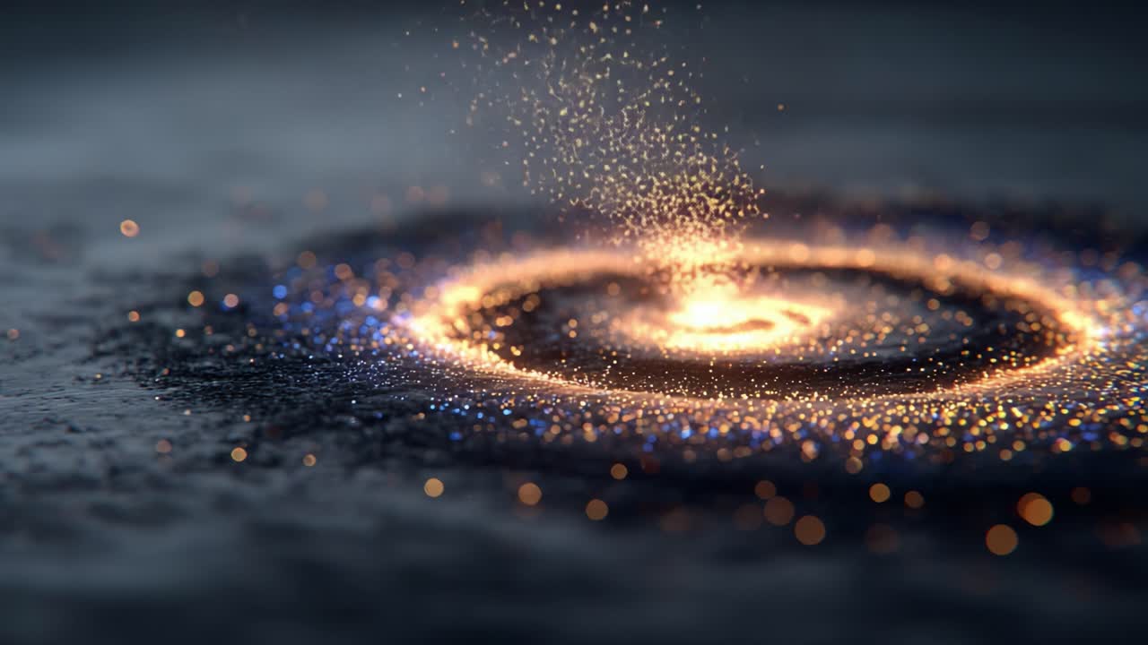 Un'immagine affascinante di polvere cosmica vorticosa e particelle vivaci che crea una rappresentazione mozzafiato della formazione di una galassia, catturata in una sequenza dinamica di energia e luce.