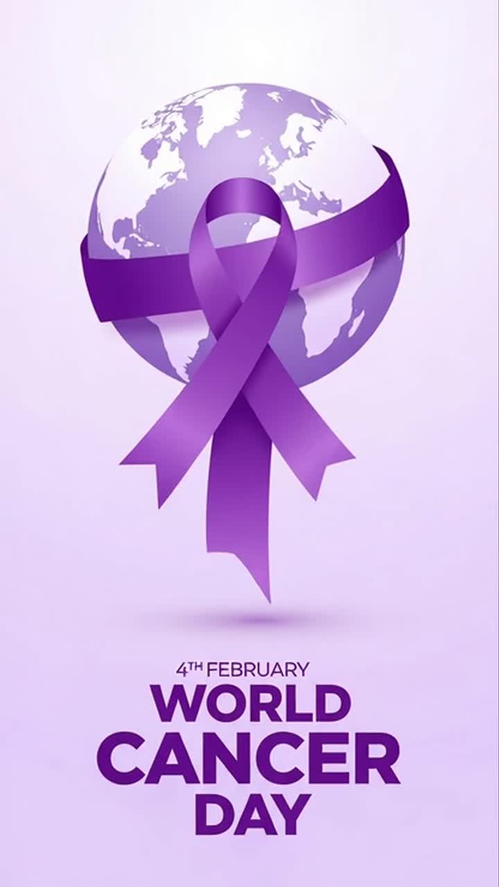 Volantino verticale per la Giornata mondiale contro il cancro con globo e nastro viola