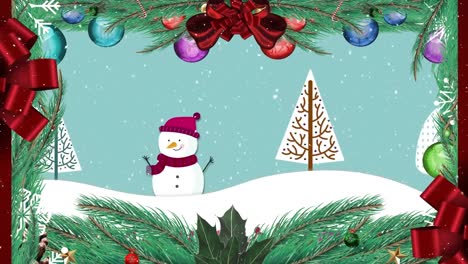 Animation-Von-Schnee,-Der-über-Schneemann-Fällt,-Und-Weihnachtsdekoration-Auf-Mintfarbenem-Hintergrund