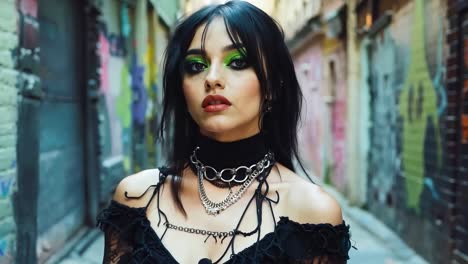 a woman with green eyes standing in an alleyway