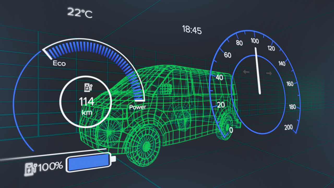 Animation of speedometers, numbers, battery icon over 3d model of van against black background