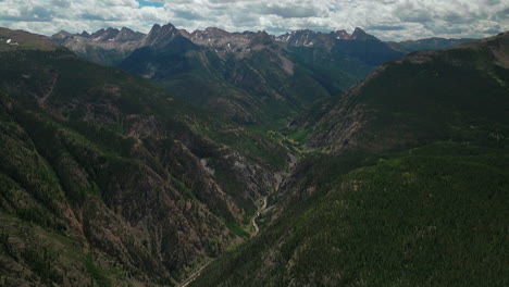 Aerial-cinematic-drone-summer-high-altitude-Molas-Pass-Silverton-Durango-southern-Colorado-late-morning-stunning-lush-green-blue-sky-partly-cloudy-Rocky-Mountains-forward-reveal-movement