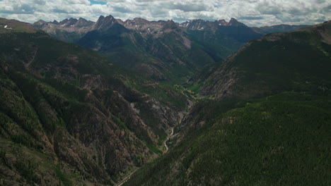avión no tripulado cinematográfico de verano a gran altitud molas pasar silverton durango sur de colorado tarde en la mañana impresionante verde exuberante cielo azul parcialmente nublado montañas rocosas hacia adelante revelan movimiento
