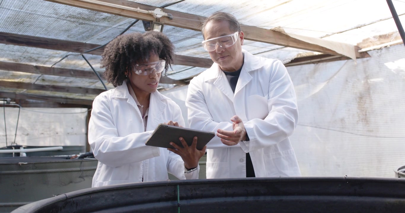 Un team eterogeneo: un uomo indica un serbatoio, mentre una donna gira un tablet e tocca lo schermo per confermare i dati all'interno di un capannone.