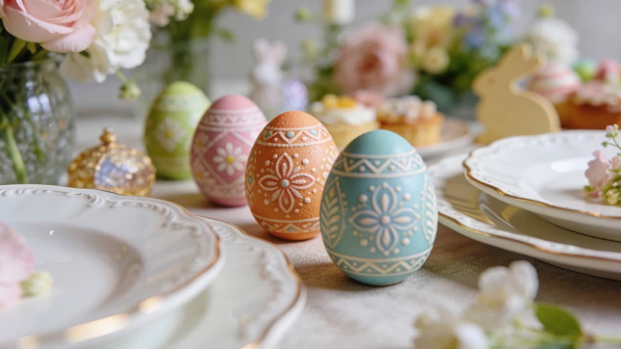 Sliding camera bringing painted pastel eggs into focus on dining table, showcasing gold plates