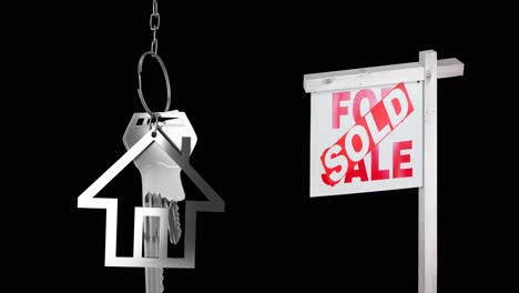 Animation-of-sold-text-over-house-for-sale-sign-and-house-keys-on-black-background