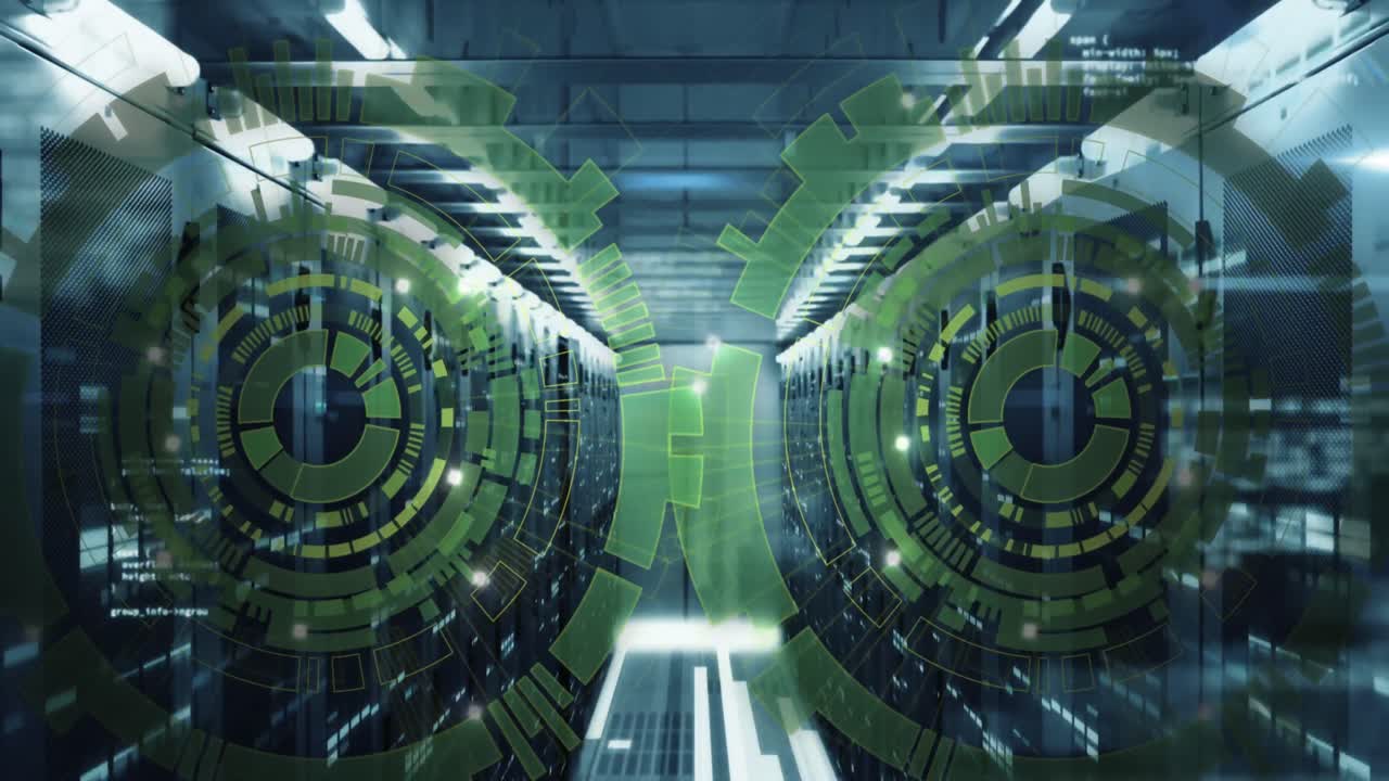 Animation of loading circles and computer language over data server room