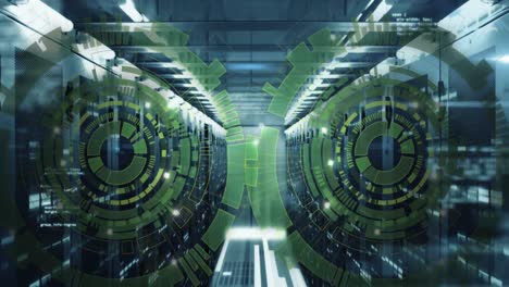 animación de círculos de carga y lenguaje informático sobre la sala del servidor de datos