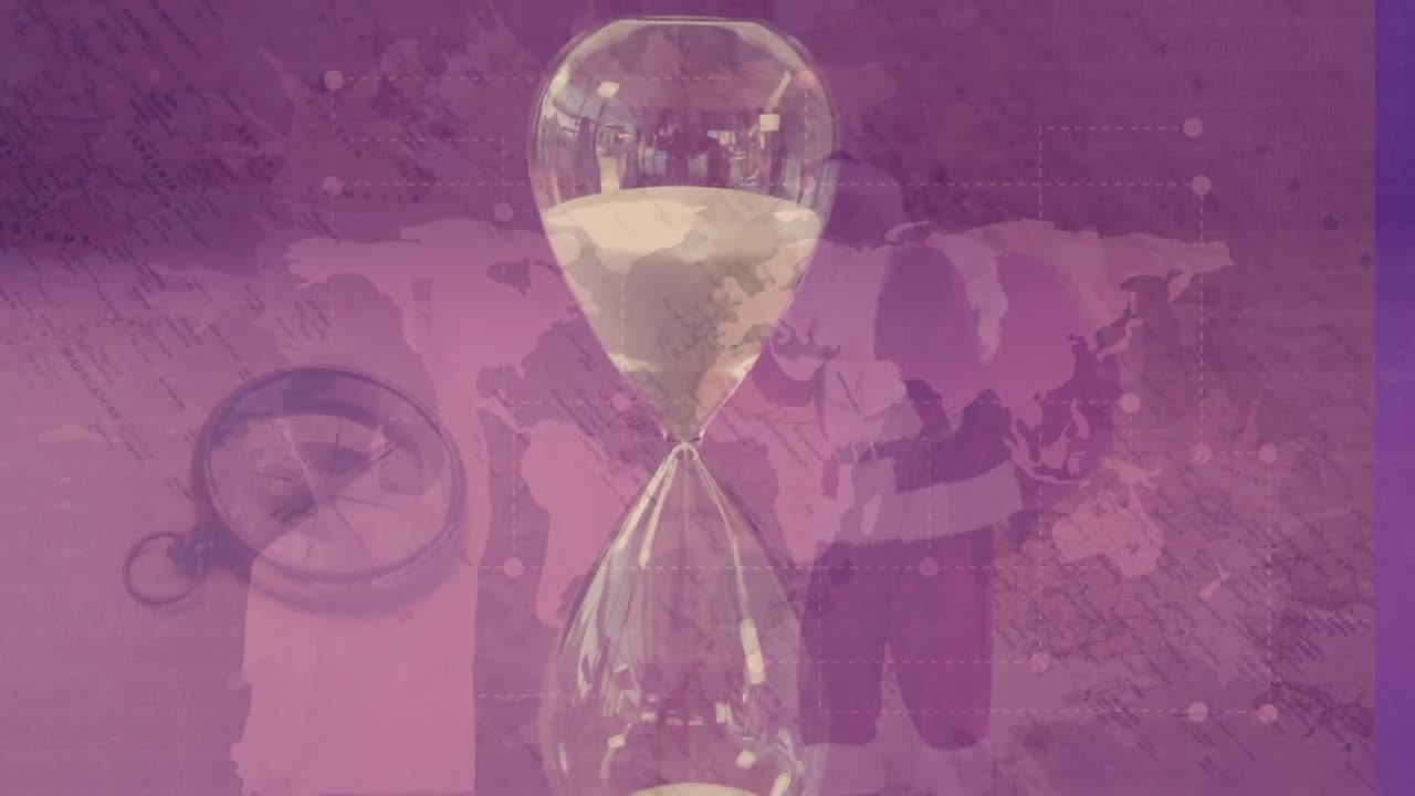 анимация песчаных часов над компасом с санта-клаусом и картой мира.