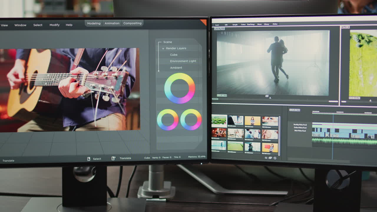 Female cinematographer editing video montage in post production studio