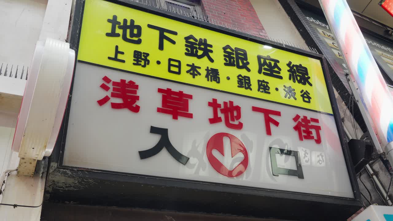 A bright, retro-style sign directs people to the Ginza Line subway and the Asakusa Underground Shopping Arcade