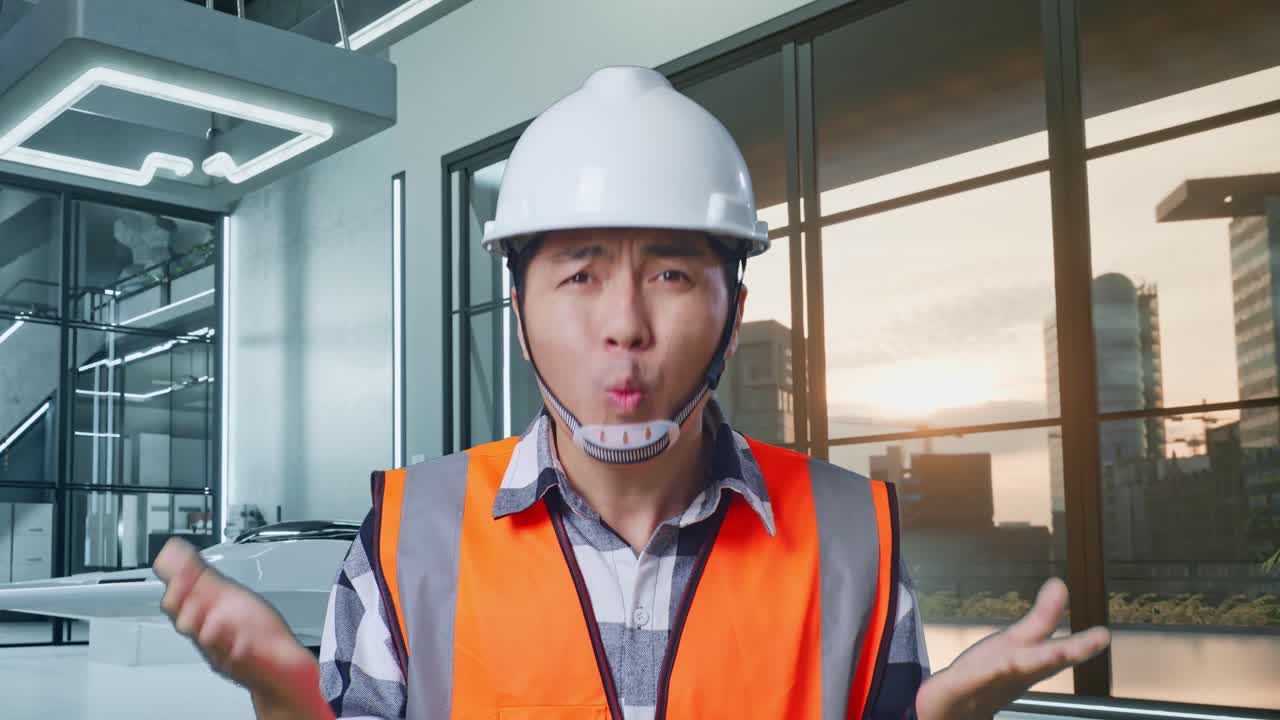 안전 헬을 입은 아시아 남성 엔지니어가 드론 프로젝트에서 의심스럽게 일하는 이유를 말합니다.