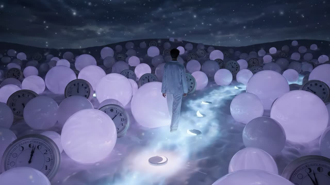 Un uomo cammina attraverso un paesaggio onirico surreale di sfere luminose e orologi.