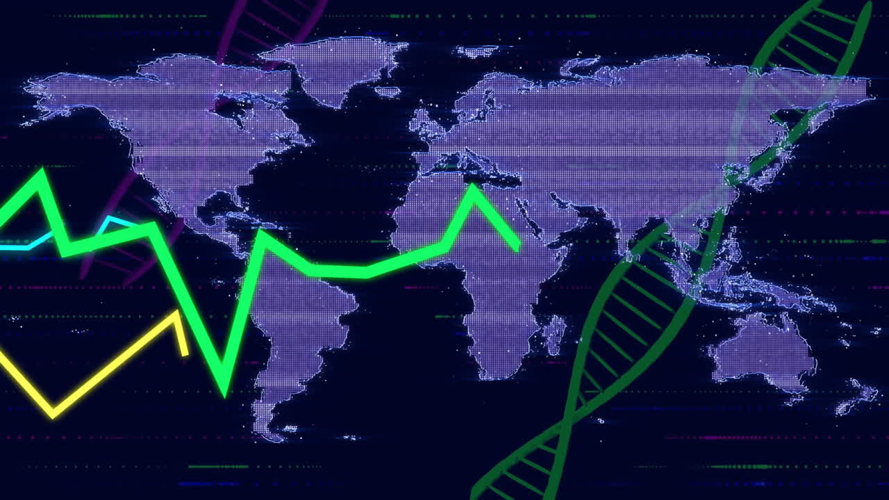 Animation of DNA strands and fluctuating graph over digital world map background
