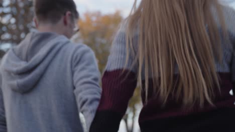 a young blonde haired couple in love hold hands as they walk down the autumn streets