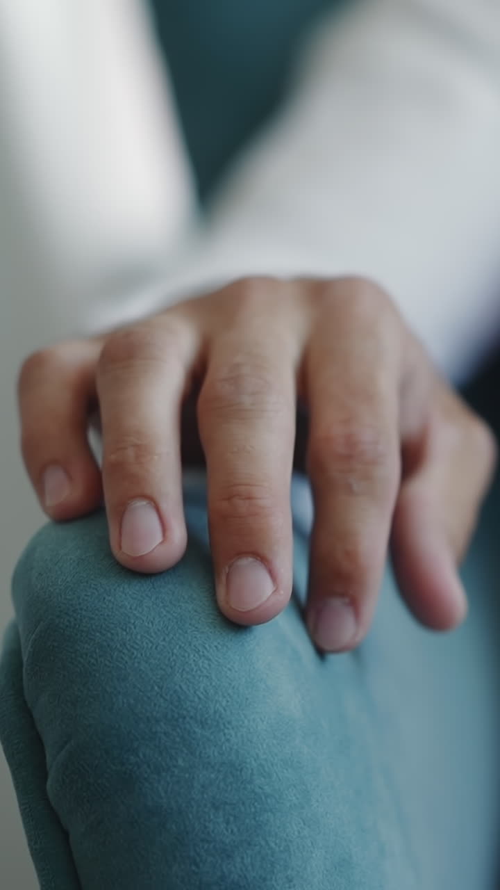 Young man in purple suit with vest taps on armchair banister by fingers in light room closeup slow motion. Hipster rests in living room. Chill out time
