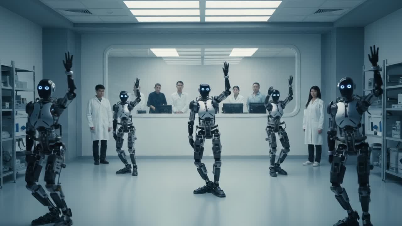 A group of advanced humanoid robots perform synchronized movements in a futuristic lab environment as scientists observe their innovative choreography and interactions