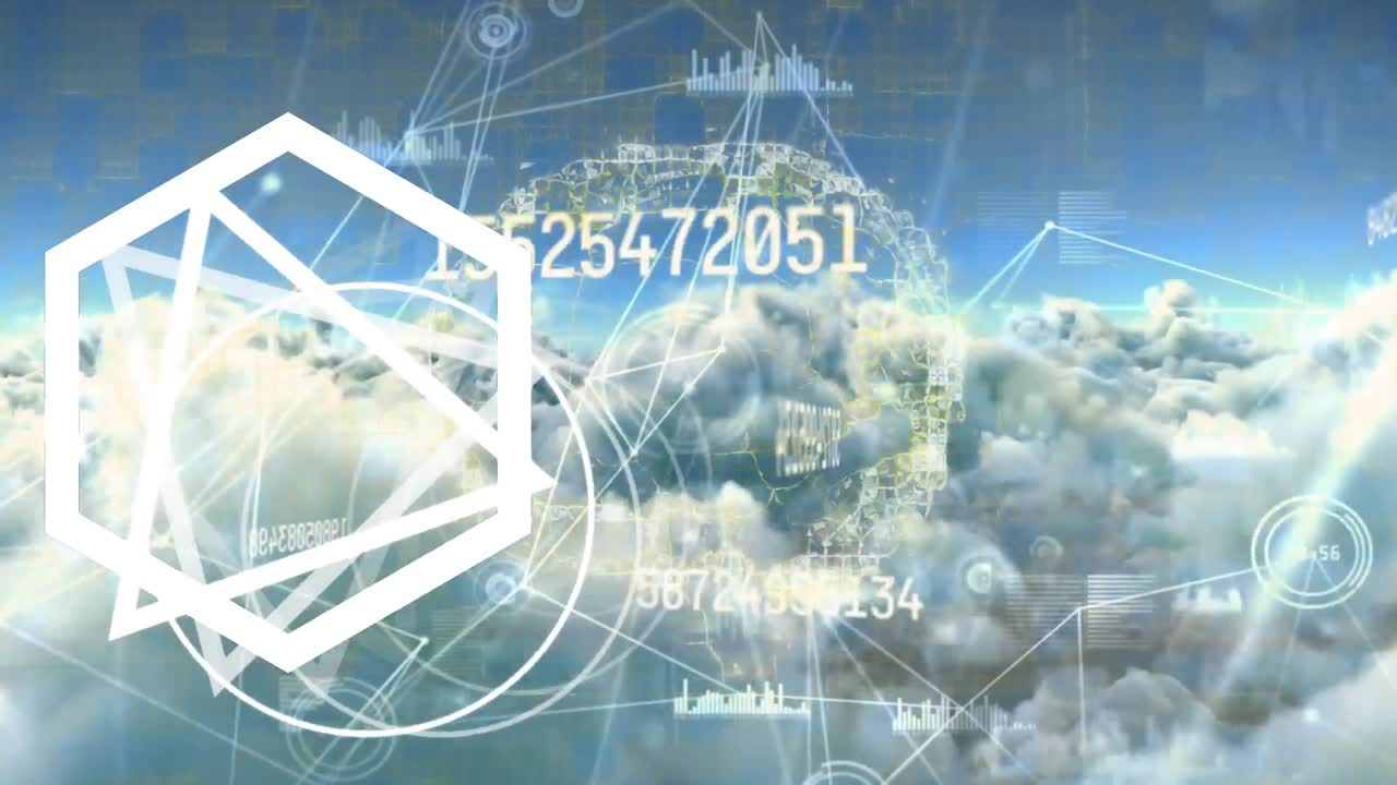 클라우드와 하늘에서 연결 네트워크와 데이터 처리의 애니메이션