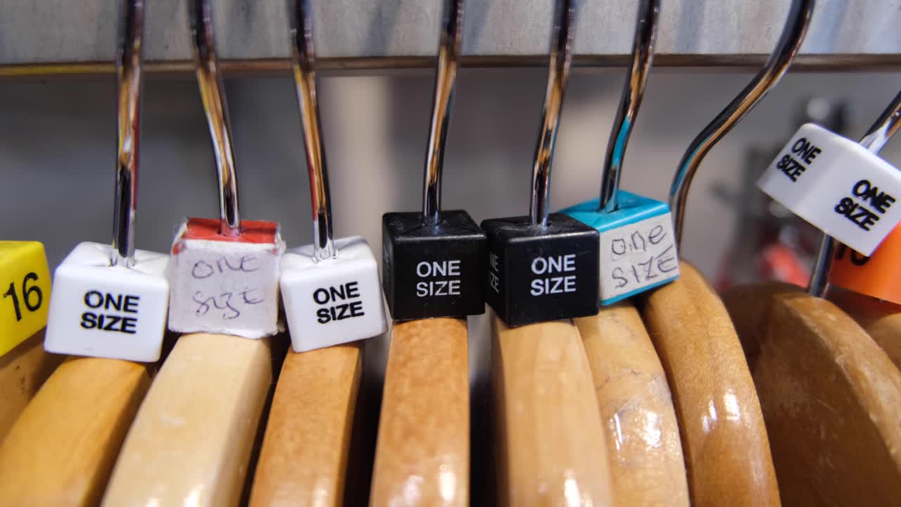 One size tags on wooden clothes hangers in retail fashion clothing shop on the high street