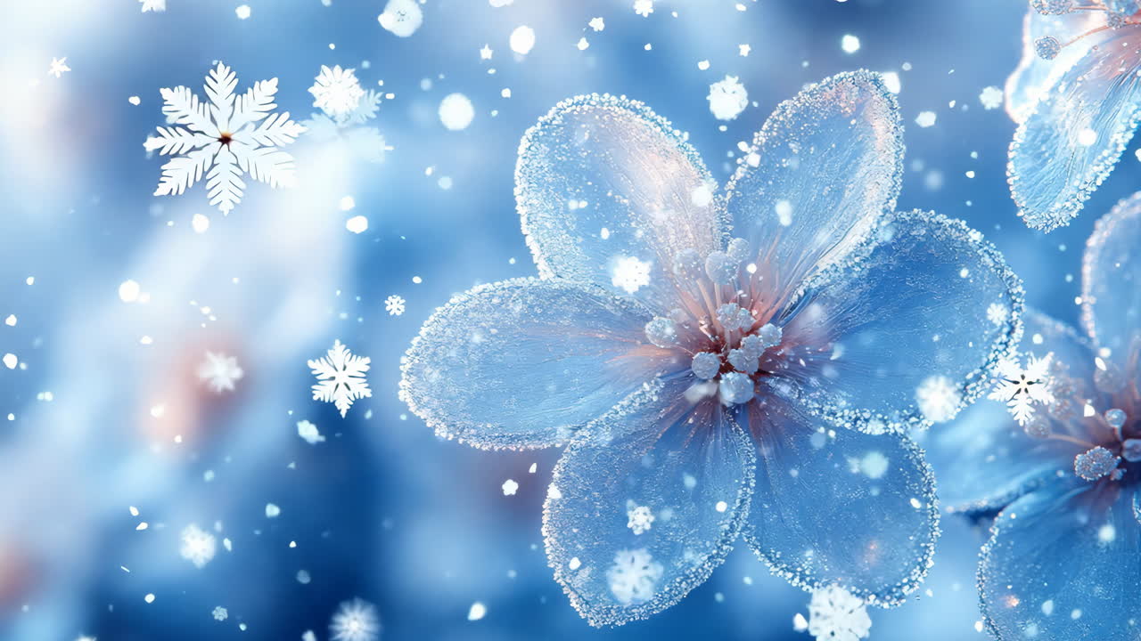 A blue flower with snowflakes on it. The snowflakes are falling on the flower, giving it a wintery feel