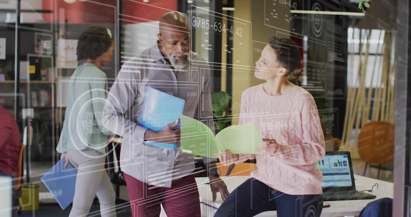 Woman flipping folder triggers chart overlay updating numbers and man pointing for business review