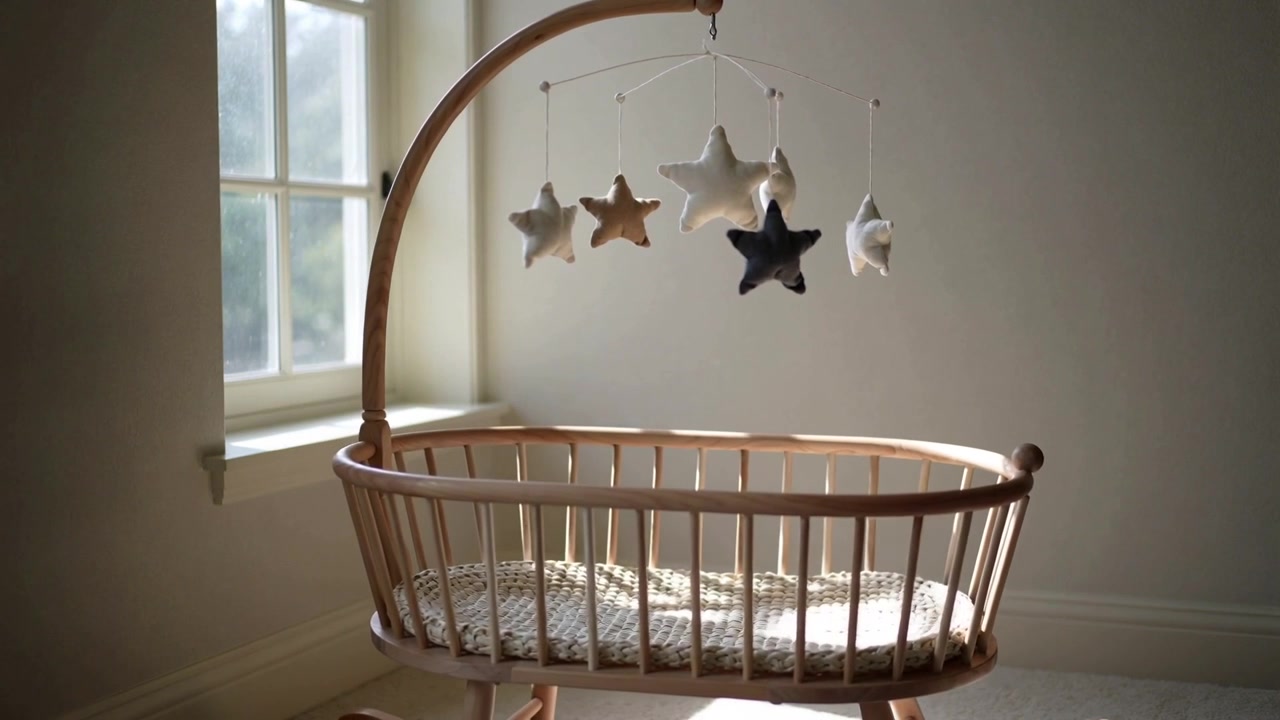 Left-window sunlight shifting causing star mobile turning over wooden cradle, pad shadows moving
