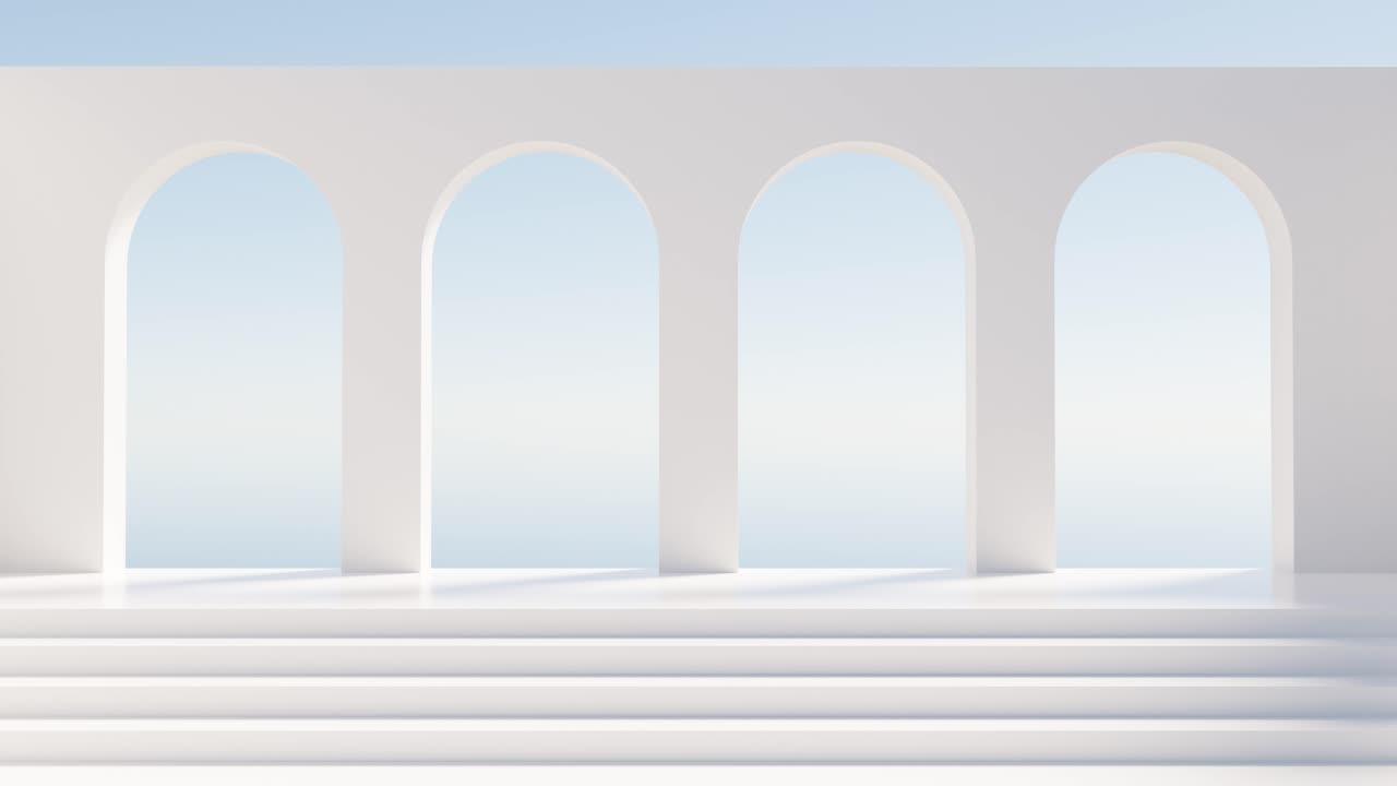 3D arched wall and stairs under blue sky