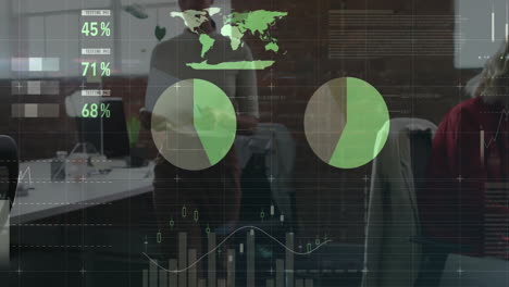 animation of data processing and diagrams over diverse colleagues working in office