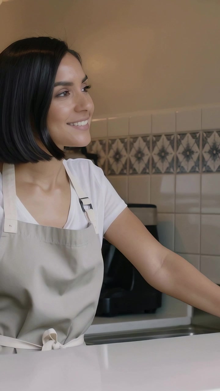 Video verticale: Cliente che ordina, barista sorridente con grembiule che porge una tazza oltre il bancone del negozio.