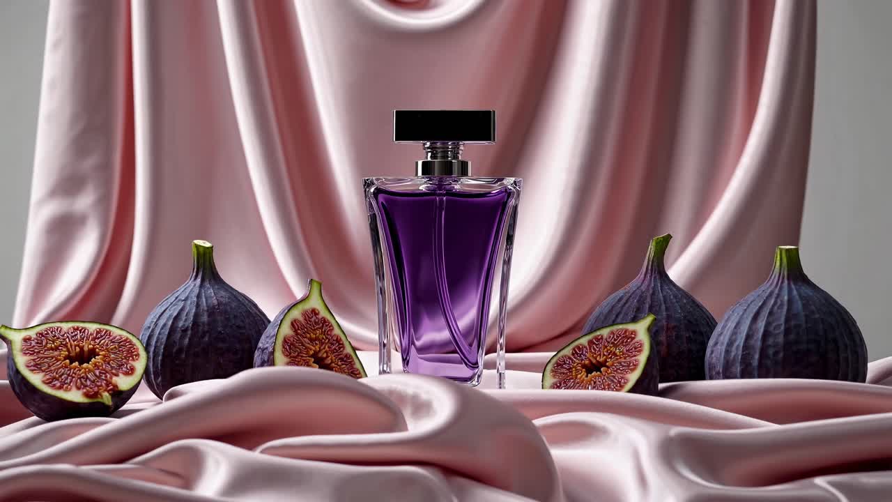 Profumo di lusso viola con fichi su seta rosa