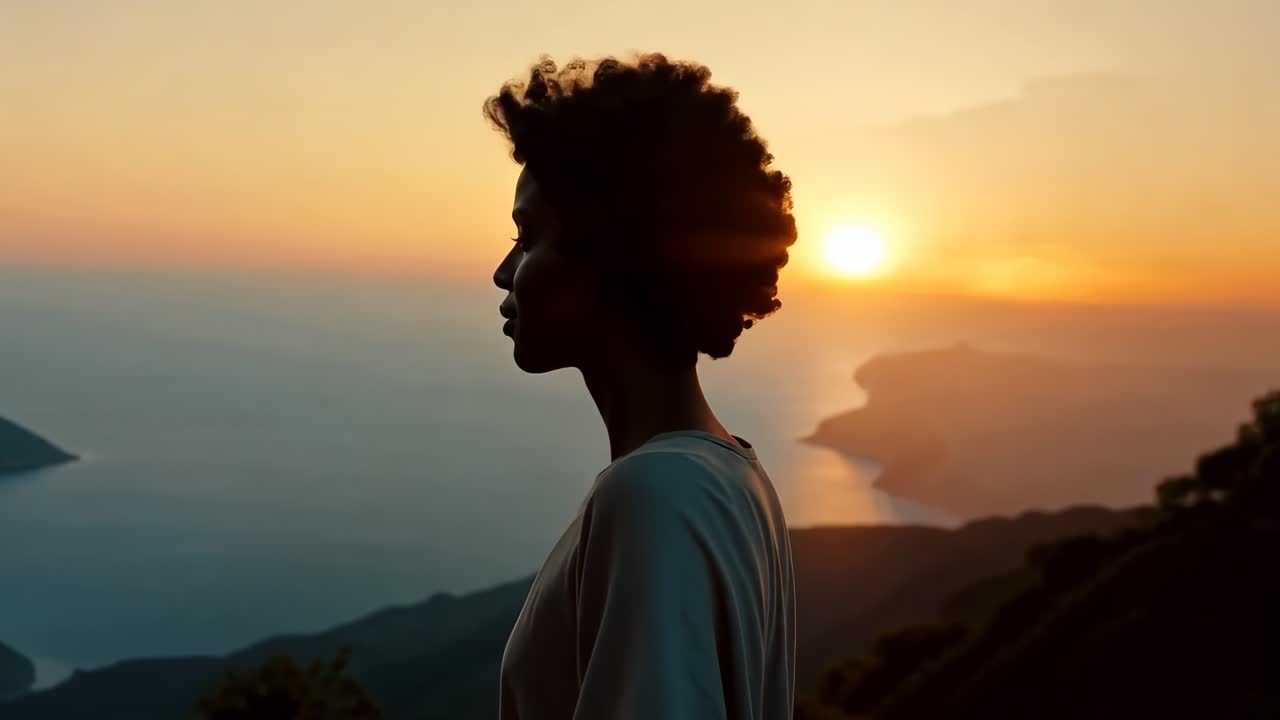 Silhouette of a person at sunset, side profile, overlooking a serene ocean view