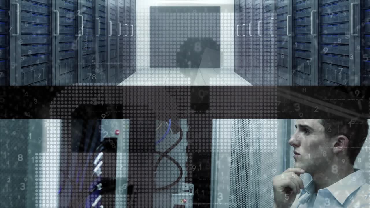 Animation of padlock icon and data processing over caucasian businessman in server room