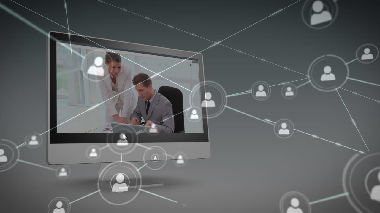 animación de la red de conexiones a través de diversas personas de negocios en la pantalla de la computadora.
