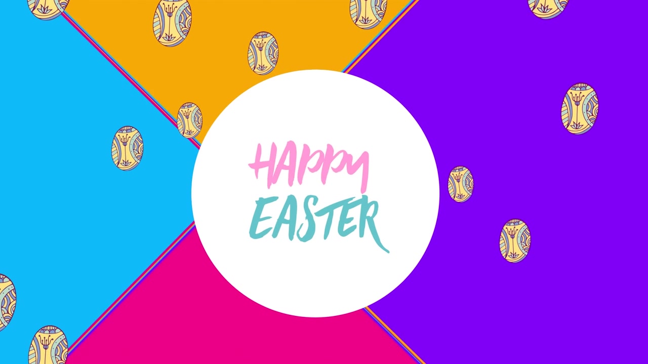 Animazione del testo "Buona Pasqua" su icone a forma di uovo e forme colorate.