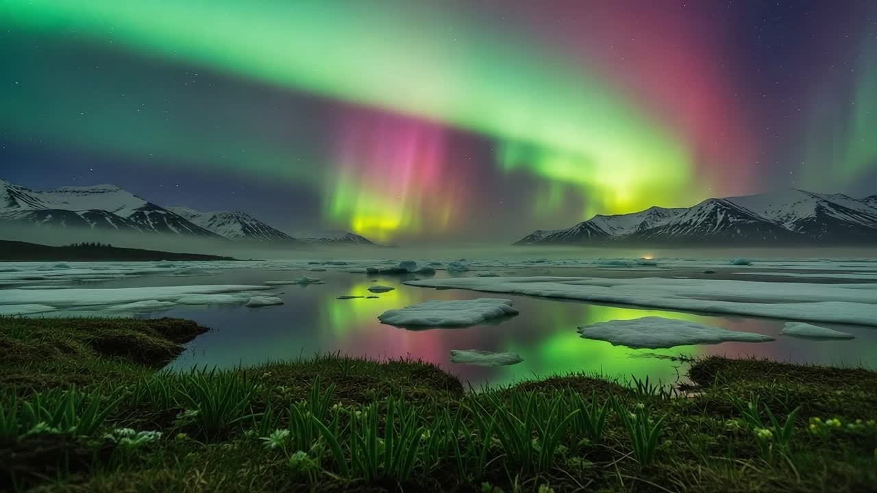 Stunning Aurora Borealis Display Over Serene Waters and Lush Green Landscape - A Mesmerizing Showcase of Nature's Beauty in the Night Sky