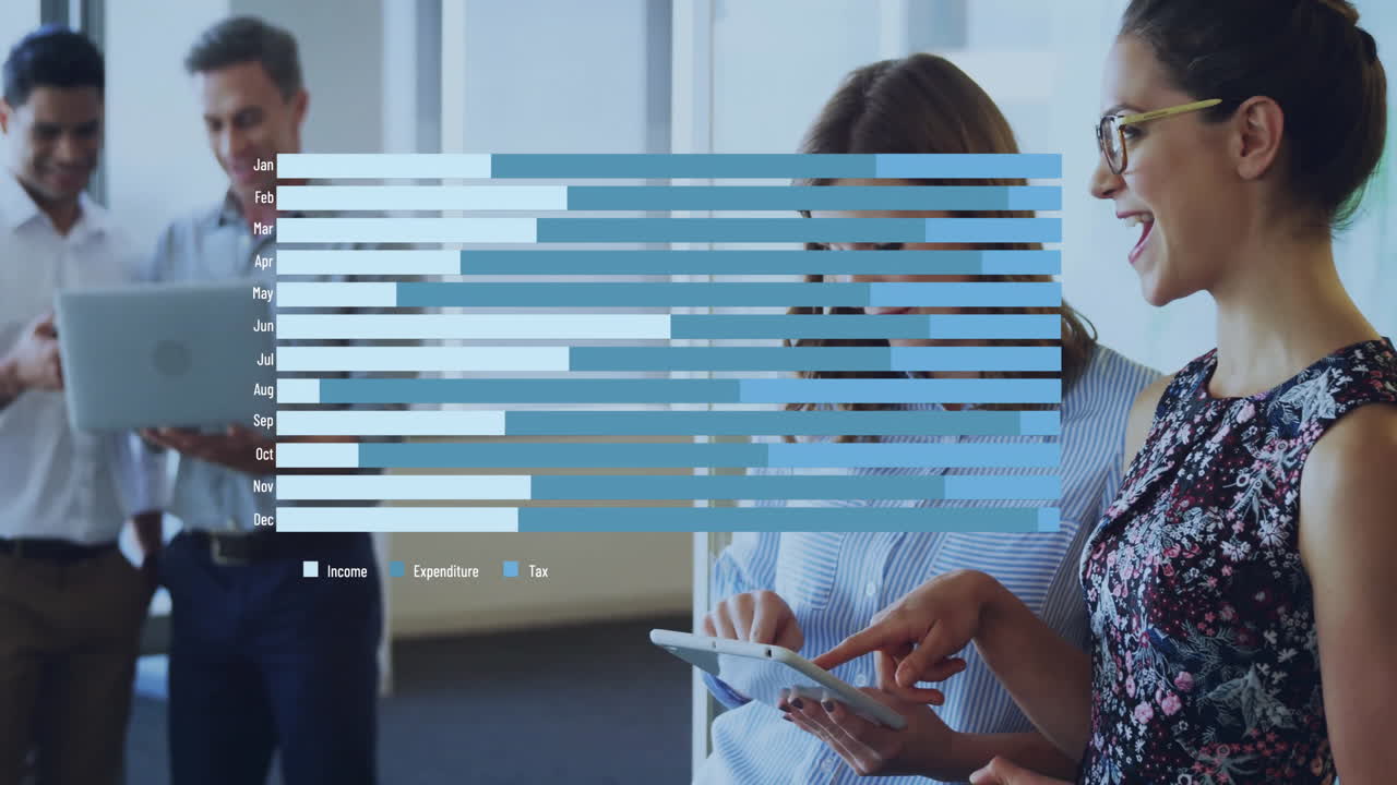 animación del procesamiento de datos financieros sobre diversas personas de negocios en la oficina
