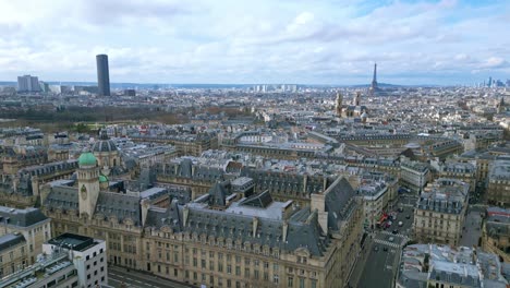 Sorbonne-university-with-Montparnasse-tower-and-Tour-Eiffel-in-background,-Paris-cityscape,-France