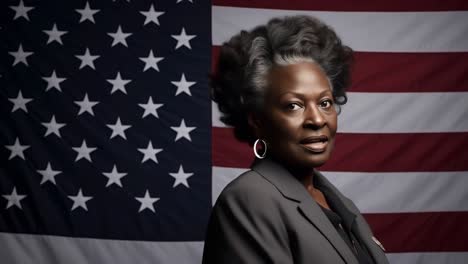 studio portrait of a mature african american woman politician smiling slightly while standing in front of the american flag, representing patriotism, leadership, and political engagement