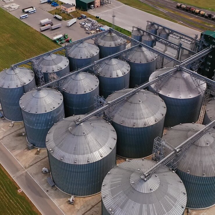 Grandi hangar metallici per la conservazione, l'essiccazione e la futura lavorazione dei raccolti. Vista aerea di un moderno impianto agricolo. Campi verdi e foreste sullo sfondo.