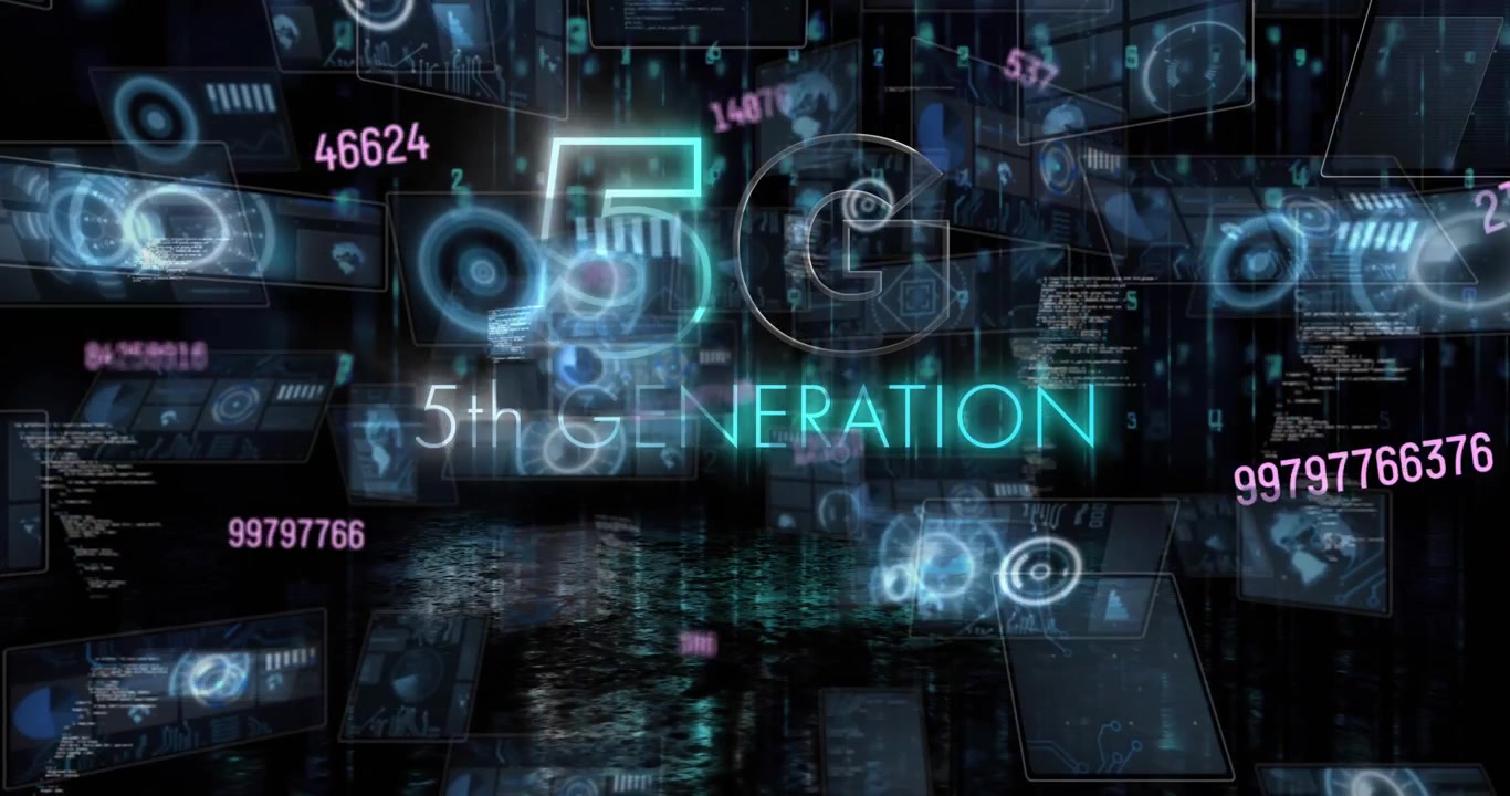 Animation of 5g 5th generation text over data processing on black background